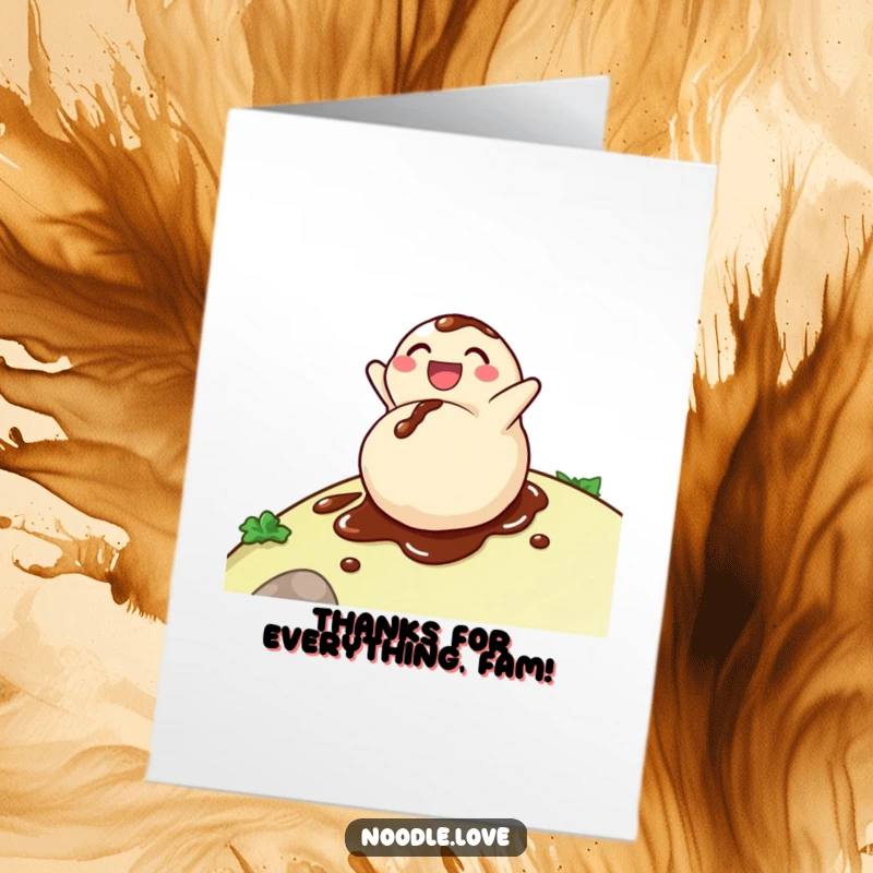 Funny Free Printable Thank You Card: A happy dumpling character enjoying a soy sauce roll down a hill. A humorous and downloadable thank you.