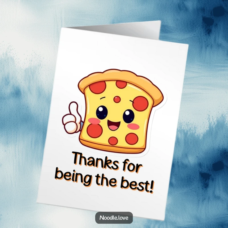 Funny Free Printable Thank You Card: A happy Kawaii pizza slice character giving a thumbs-up, expressing heartfelt thanks deliciously.