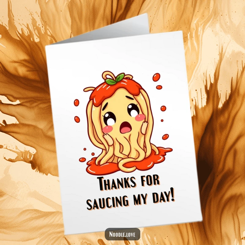Funny Free Printable Thank You Card: A noodle character, sauce flying, wiggling with surprised and happy thanks.