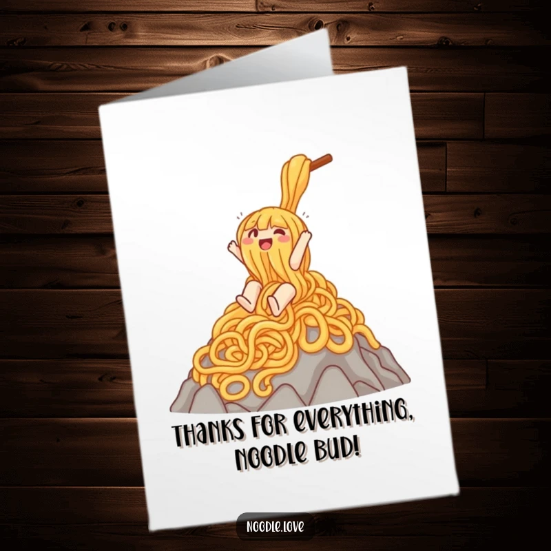 Funny free printable thank you card featuring a noodle character sliding down a noodle mountain, expressing thanks with glee.