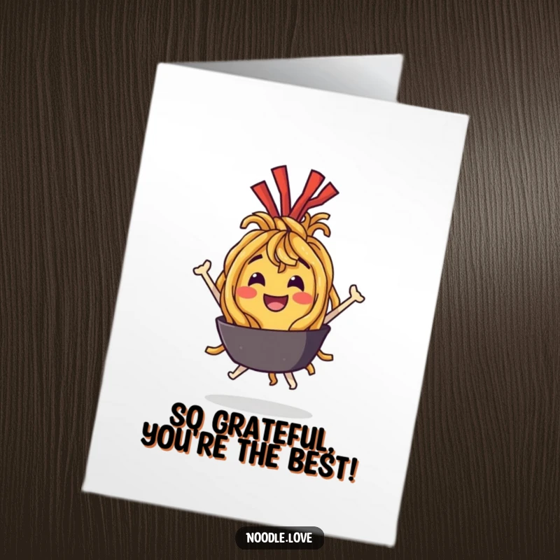 Funny Free Printable Thank You Card: A characterful fried noodle character bouncing with delight, conveying heartfelt thanks with joy.