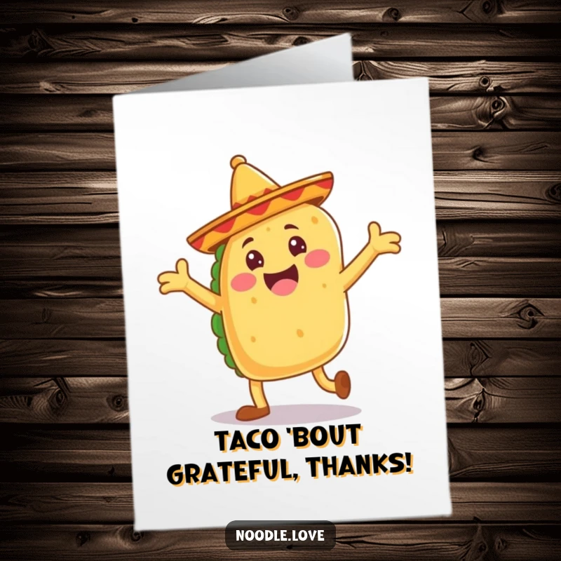 Funny Free Printable Thank You Card: Jubilant taco with floppy sombrero legs dancing, expressing thanks.