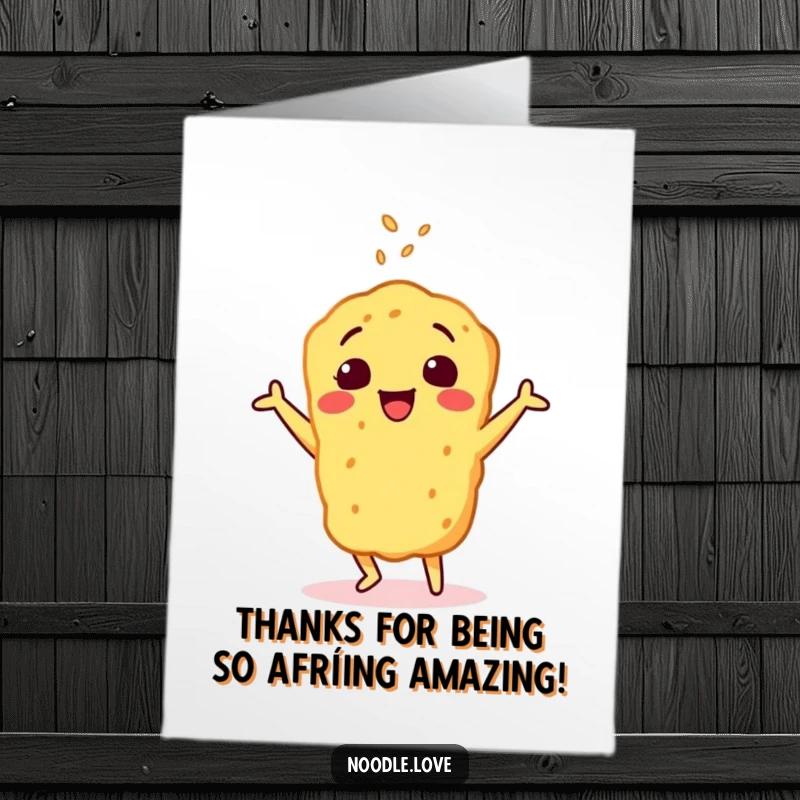 Funny Free Printable Thank You Card: Happy tempura character doing a celebratory dance with sesame seeds, expressing thanks.