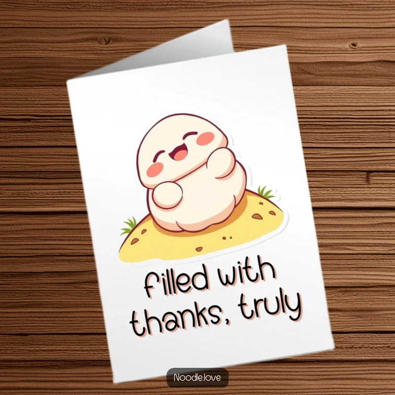 Funny Free Printable Thank You Card: A giggling Kawaii dumpling character gleefully rolling down a hill, expressing thanks.
