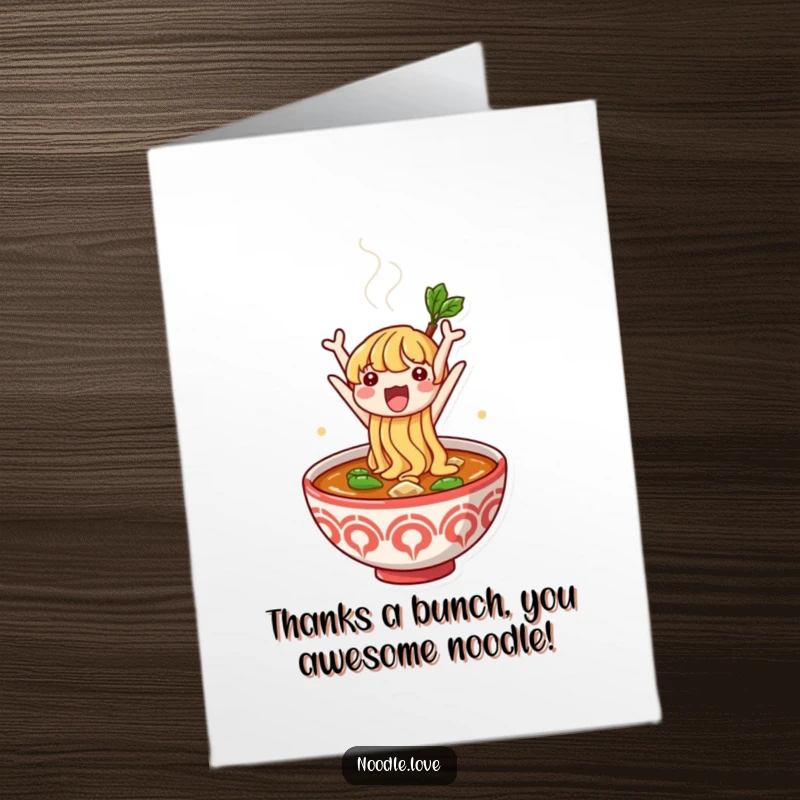 Funny Free Printable Thank You Card: Noodle character joyfully jumping out of a ramen bowl, expressing heartfelt thanks.