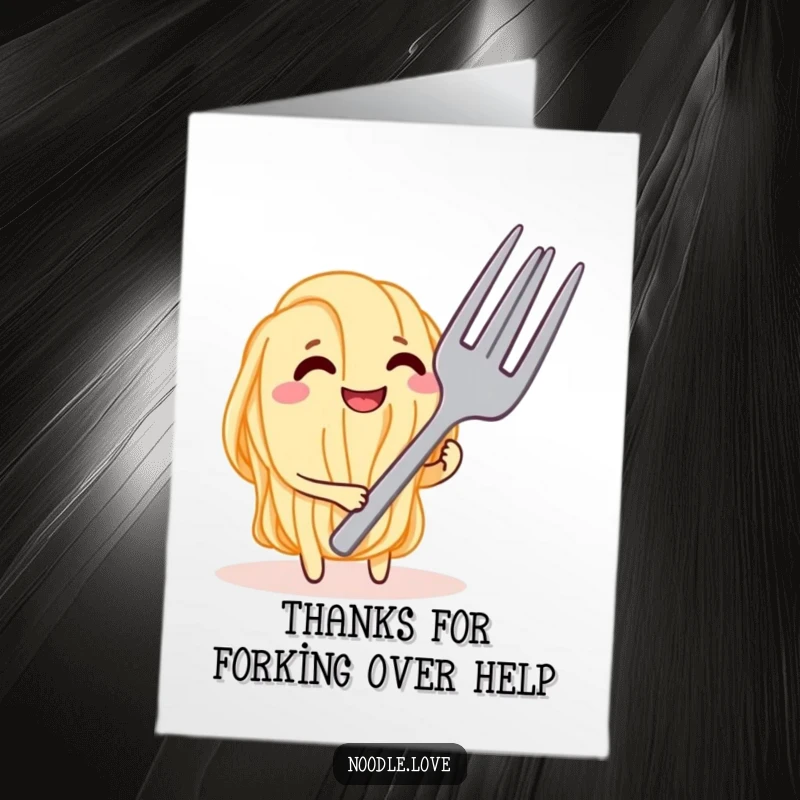 Funny Free Printable Thank You Card: Noodle character grins while teasing a giant fork, a playful way to say thank you, a delightful printable gift.