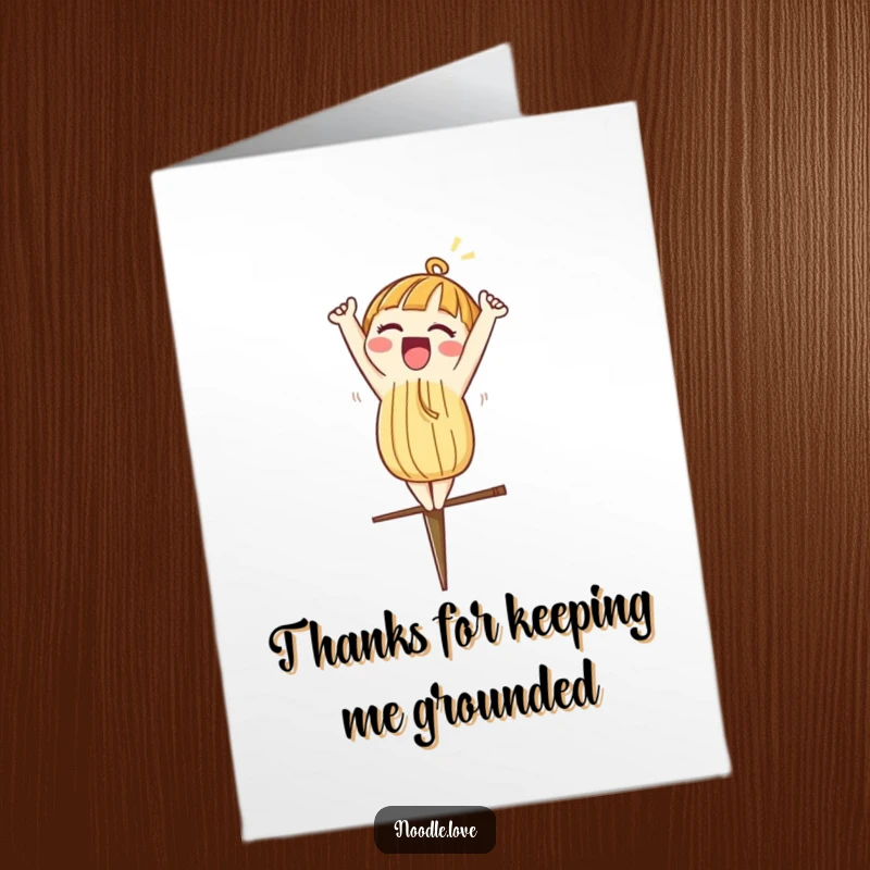 Funny Free Printable Thank You Card: Noodle doing a headstand on a chopstick, a quirky downloadable card for thanks.