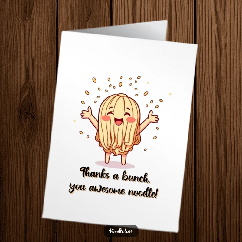Funny free printable thank you card with a cheerful noodle character scattering sesame seed confetti as a token of thanks.