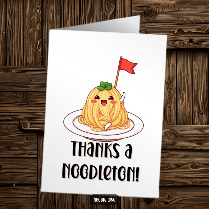 Funny Free Printable Thank You Card: A beaming noodle on a plate waves a tiny flag, showing gratitude, ideal for DIY gifts.
