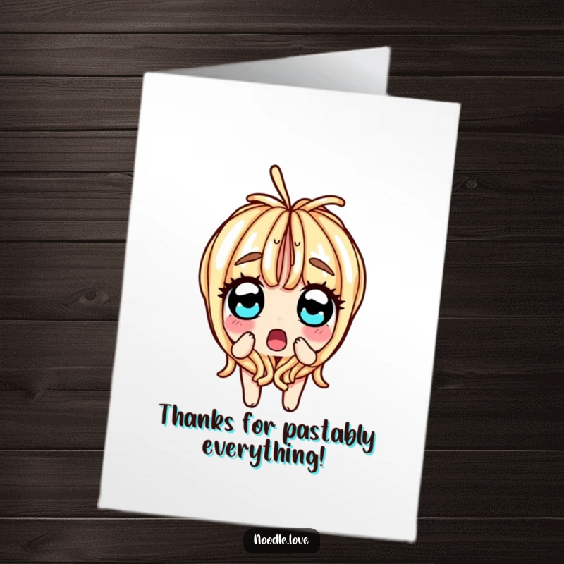 Funny Free Printable Thank You Card: Surprised noodle character split in half, eyes wide, humorously conveying gratitude
