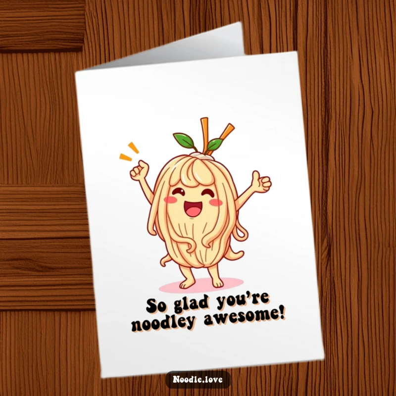 Funny Free Printable Thank You Card: Kawaii noodle character in a triumphant, joyful dance, expressing gratitude with humor.