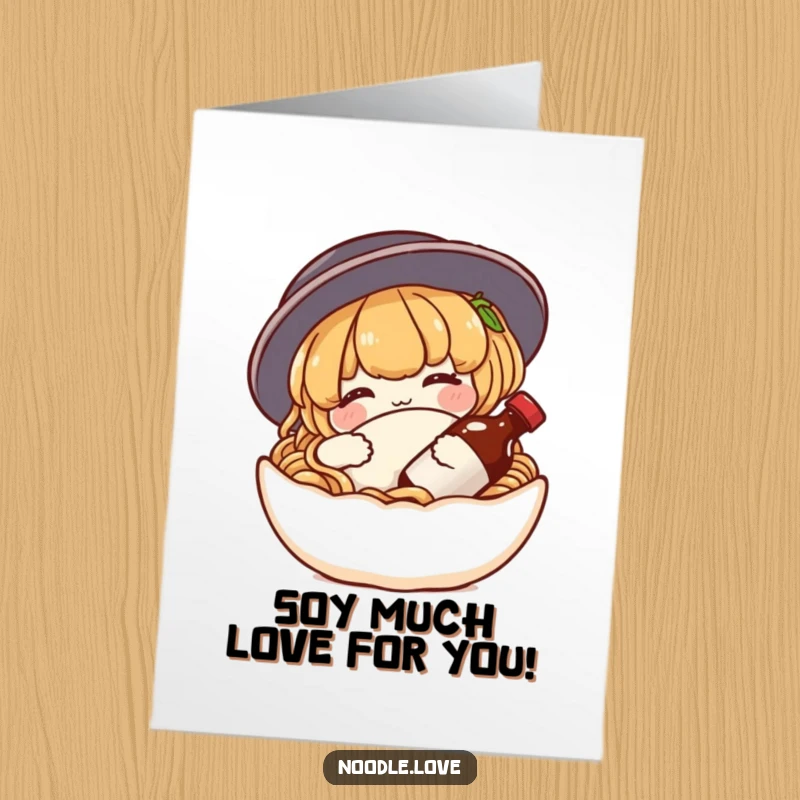 Funny Free Printable Thank You Card: A content noodle character snuggles a tiny soy sauce bottle like a pillow.