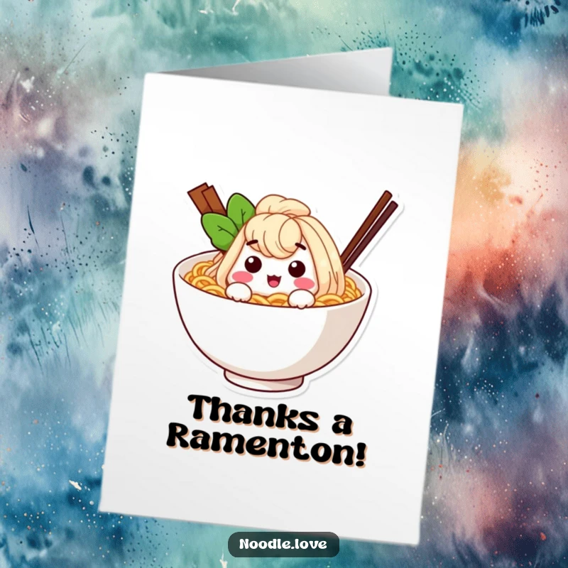 Funny Free Printable Thank You Card: A happy ramen noodle character winks from a cozy bowl, saying thanks.