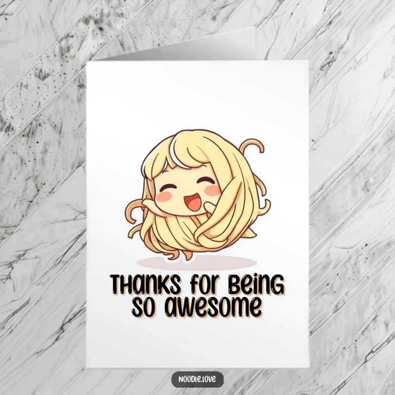 Funny Free Printable Thank You Card: Giggling noodle character playfully tumbling, a cute downloadable card for expressing thanks.