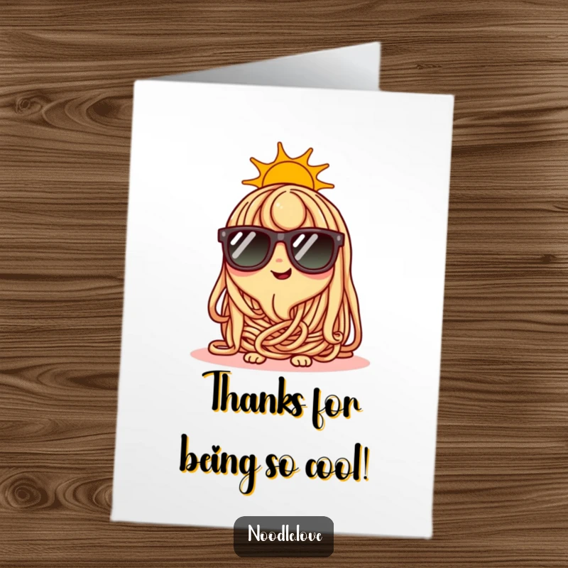 Free Printable Thank You Card: Happy noodle character wearing small sunglasses, looking cool on a sunny day.