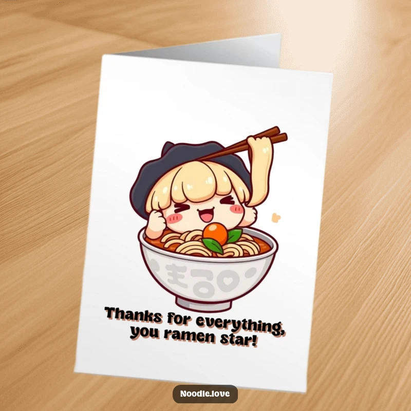 Funny Free Printable Thank You Card: Kawaii ramen character playfully trying to grab an ingredient with chopsticks, saying thanks.