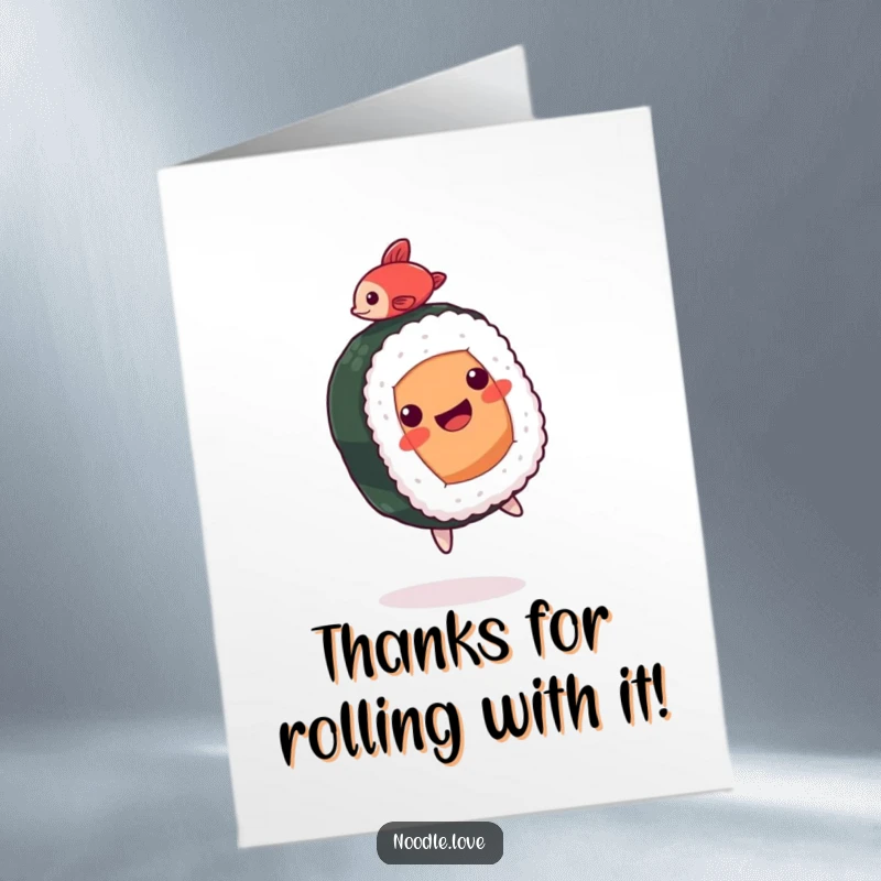 Funny Free Printable Thank You Card: A sushi roll performing a backflip, expressing thanks with energetic flair.