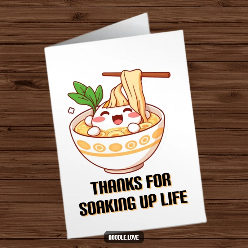 Funny Free Printable Thank You Card: Ramen bowl character happily splashing in broth, saying thanks. A charming DIY printable.