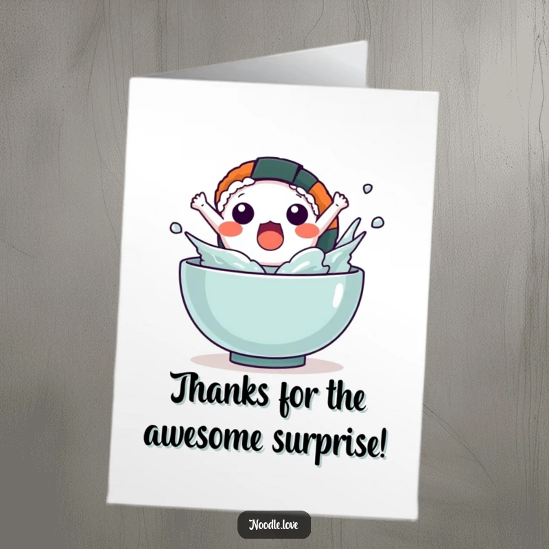 Funny Free Printable Thank You Card: A Kawaii sushi character in mid-air, leaping out of a bowl with a splash, looking surprised.