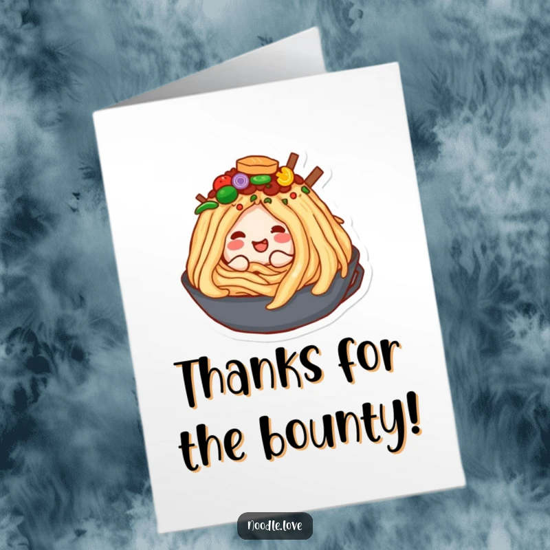 Funny Free Printable Thank You Card: A content noodle character snuggling into a large, inviting mountain of assorted toppings.
