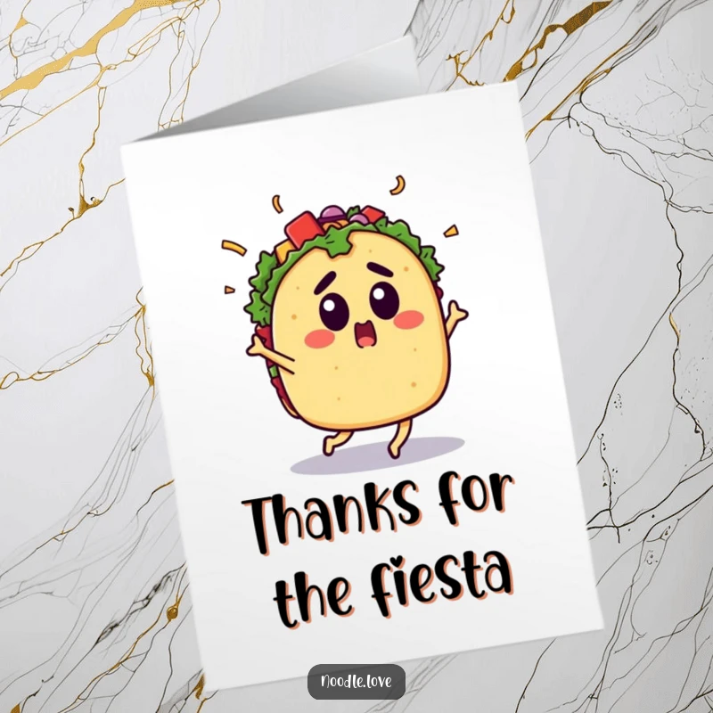 Funny free printable thank you card: A surprised taco character with toppings flying, dancing energetically to express gratitude.