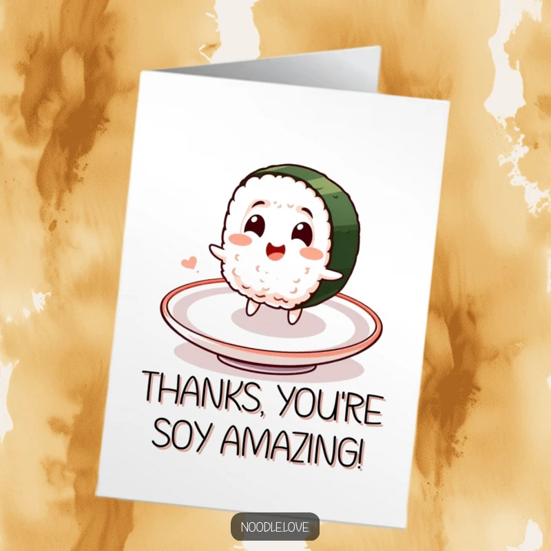 Funny Free Printable Thank You Card: Smiling sushi character spinning on a plate with delight, expressing thanks.