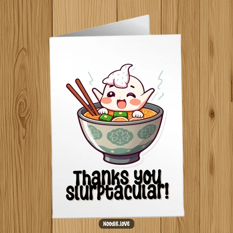 Funny Free Printable Thank You Card: Giggling ramen bowl character popping out of broth, holding a tiny thank you sign. Hilarious downloadable gratitude.