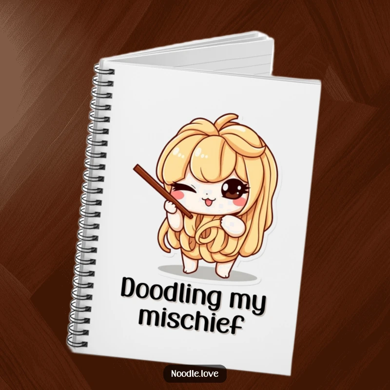 Funny notebook showcasing a mischievous noodle character winking and balancing chopsticks, perfect for notes and culinary musings.