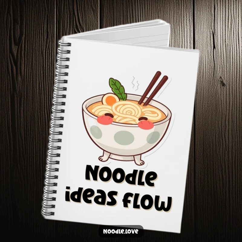 Funny blushing ramen notebook with a cute ramen bowl on tiny noodle legs, blushing shyly.