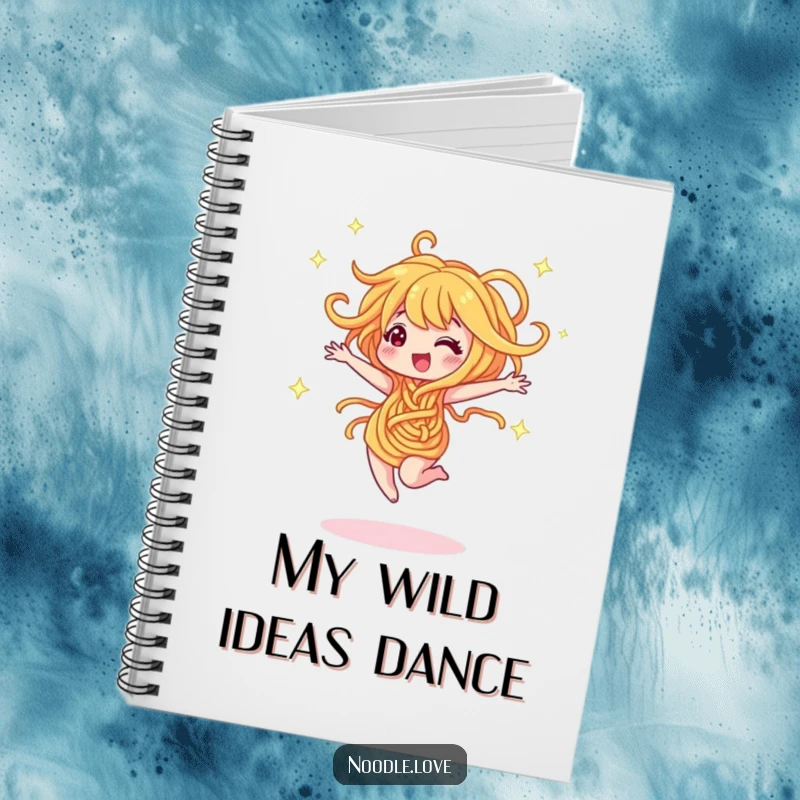 Funny notebook cover with a noodle character dancing and twirling with sparkles. Cheerful and functional funny gift.