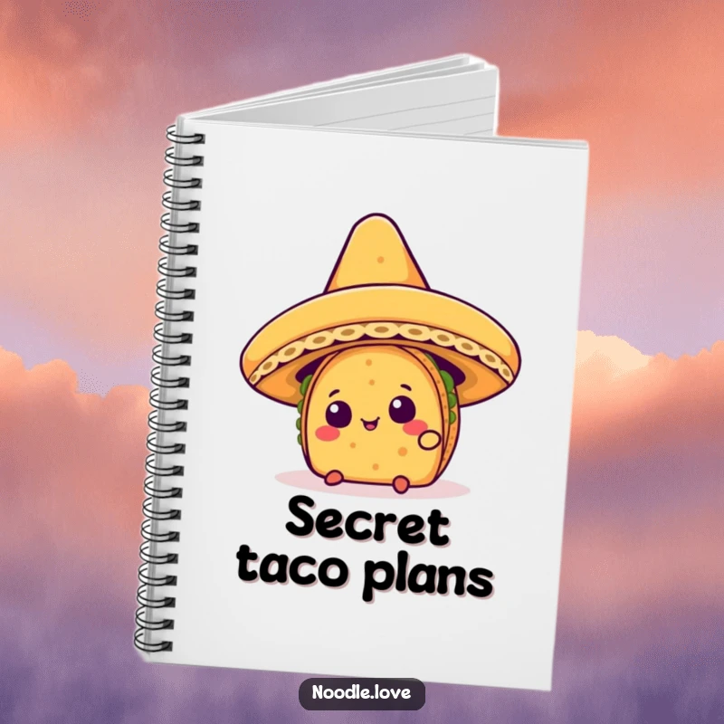 Funny Kawaii taco character curiously peeking from under a giant sombrero, featured on a funny notebook cover.