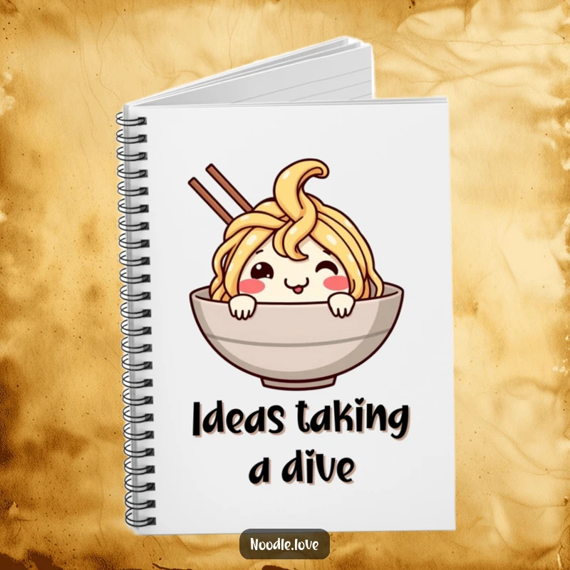 Funny Noodle Dive Notebook: Smiling noodle character cheerfully dives into a bowl, ideal for writing notes with food-themed humor.