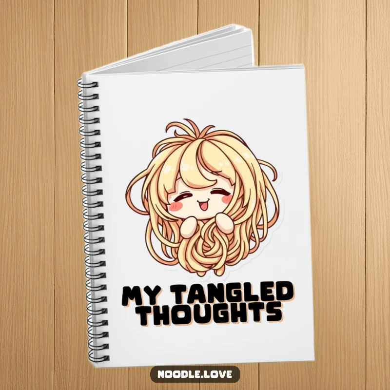 Funny notebook with a cover showing a noodle character amusingly tangled in its own strands, ready for notes.
