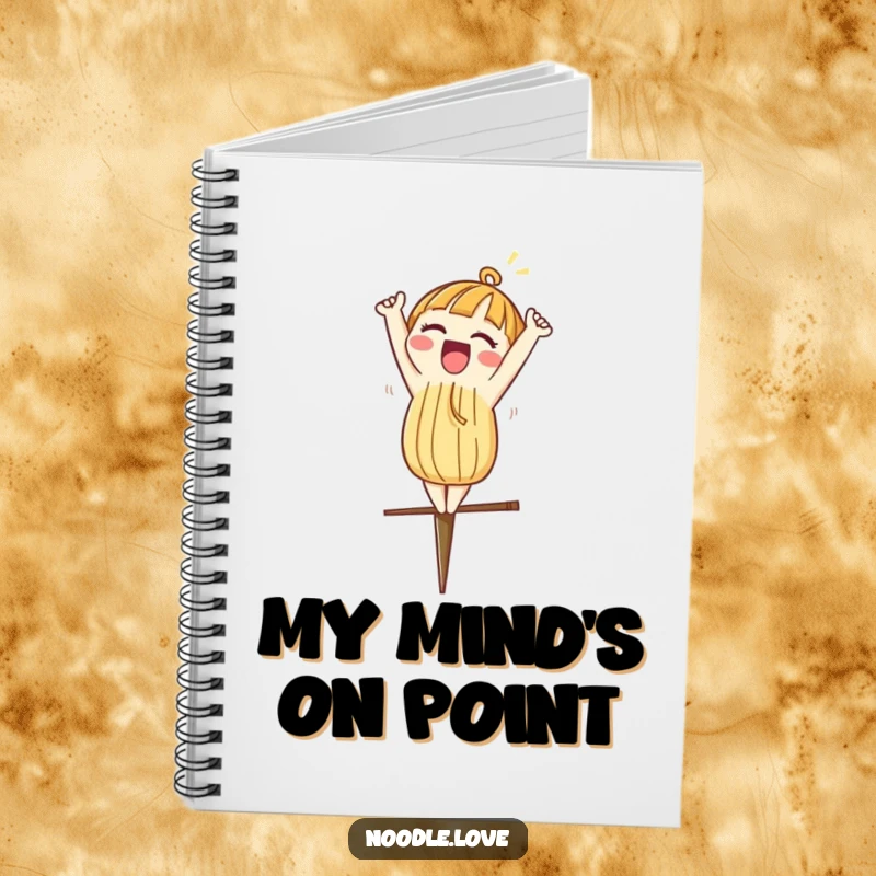 Funny notebook featuring a noodle character excitedly doing a headstand on a chopstick, ideal for writing.