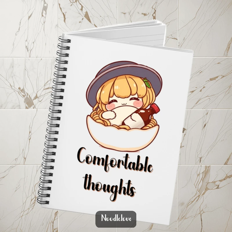 Funny noodle notebook featuring a content character snuggling a tiny soy sauce bottle as a pillow, inspiring creative writing and note-taking.