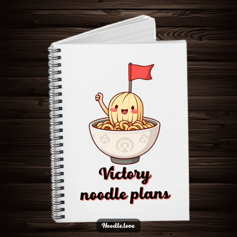Funny ramen noodle notebook featuring a happy character waving a flag from a steaming bowl, inspiring creative writing and note-taking.