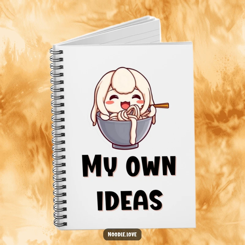 Funny notebook cover featuring a happy anthropomorphic udon noodle character joyfully slurping itself, perfect for note-taking.