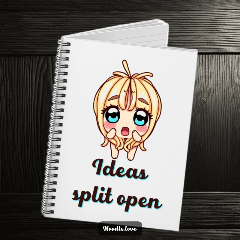 Funny notebook cover featuring a surprised noodle character splitting in half, with wide, shocked eyes, inspiring creative thought.