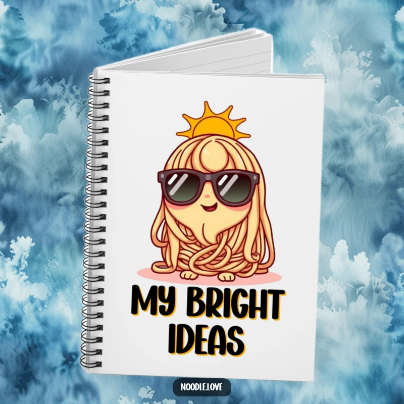 Funny happy noodle character wearing tiny sunglasses on a sunny day, cool journal.