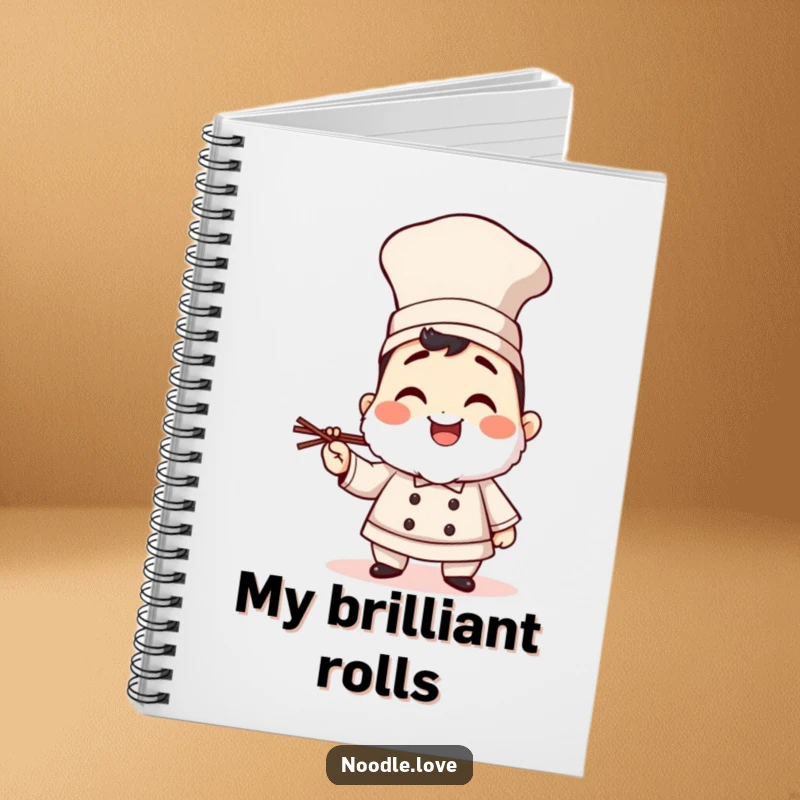 Funny giggling sushi chef character notebook, wearing a tall hat and holding chopsticks, ideal for notes with a culinary and humorous touch.