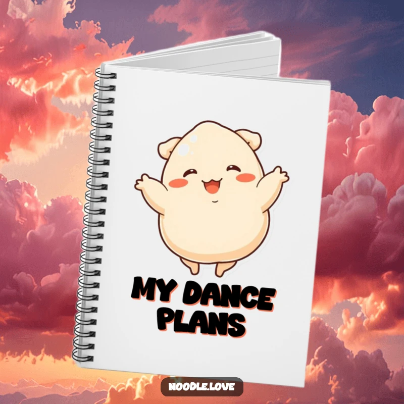 Funny dumpling dancer notebook featuring a delighted dumpling with stubby legs spinning happily, ready for writing.