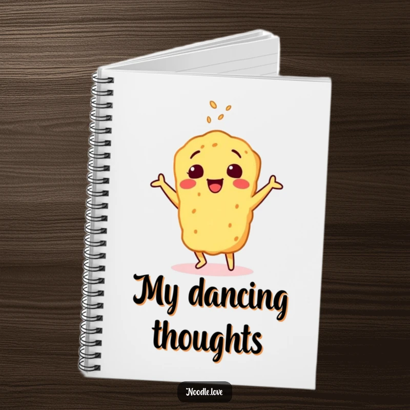 Funny notebook featuring a cheerful tempura character doing a happy dance, sprinkled with sesame seeds, perfect for jotting down notes.