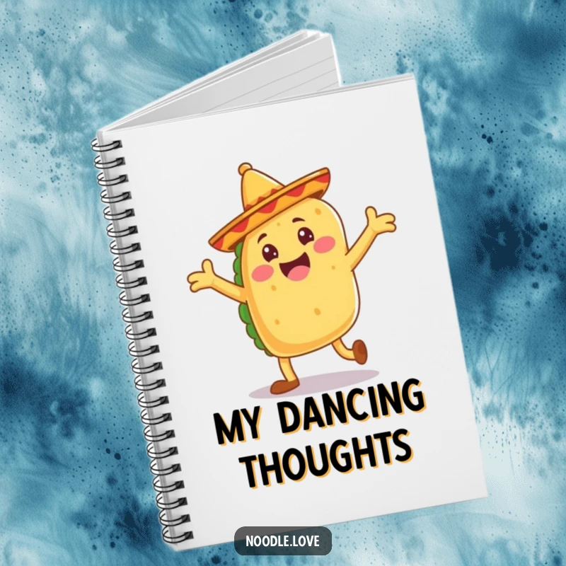 Funny taco notebook, a jubilant taco with floppy sombrero legs dancing, fiesta inspiration, note-taking.