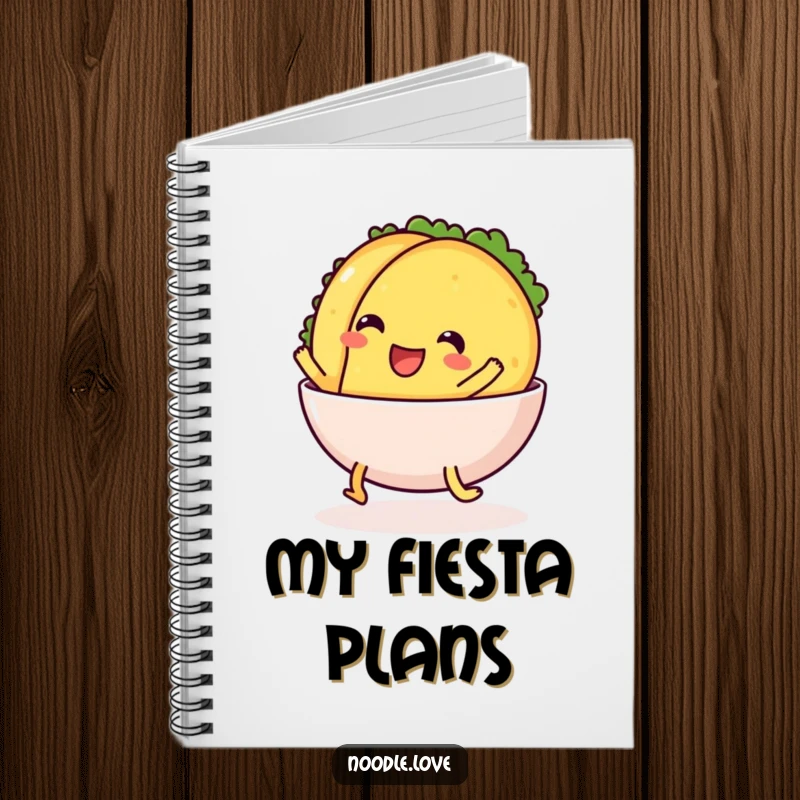 Funny Notebook: a cheerful taco with legs comically sliding into a bowl, ideal for jotting down food ideas and fun plans.