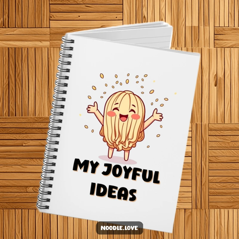 Funny notebook with a joyful noodle character scattering sesame seed confetti, inspiring creativity and happy note-taking.