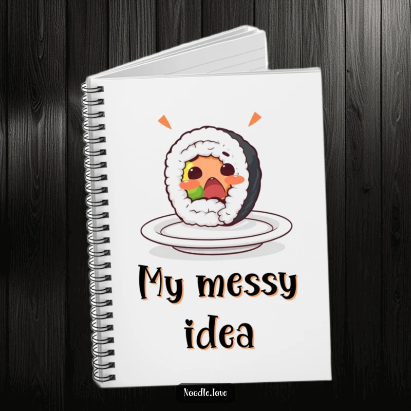 Funny sushi roll notebook featuring a surprised character yelping as it rolls off a plate, inspiring creative writing and note-taking.