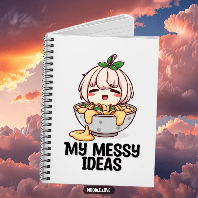 Funny notebook with a ramen bowl character having a slight, happy spill, looking endearingly embarrassed, ideal for journaling.
