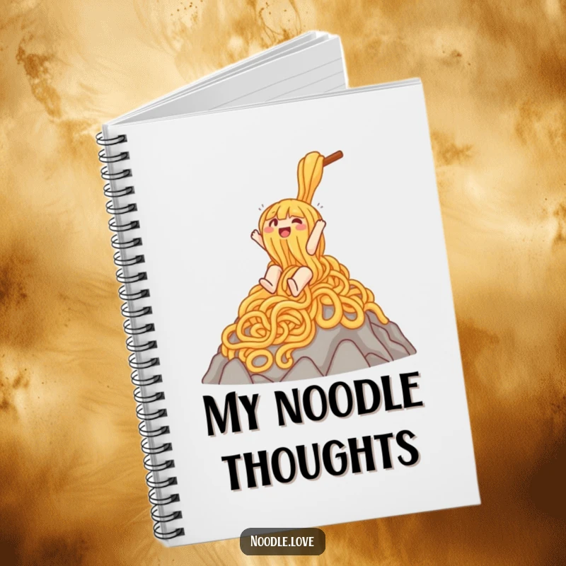 Funny notebook with a gleeful noodle character joyfully sliding down a mountain of noodles, ideal for creative note-taking.