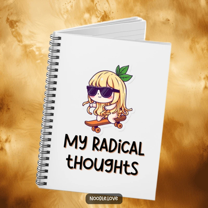 Funny notebook with a cool noodle character wearing sunglasses and riding a tiny skateboard, ideal for jotting down notes with a humorous flair.