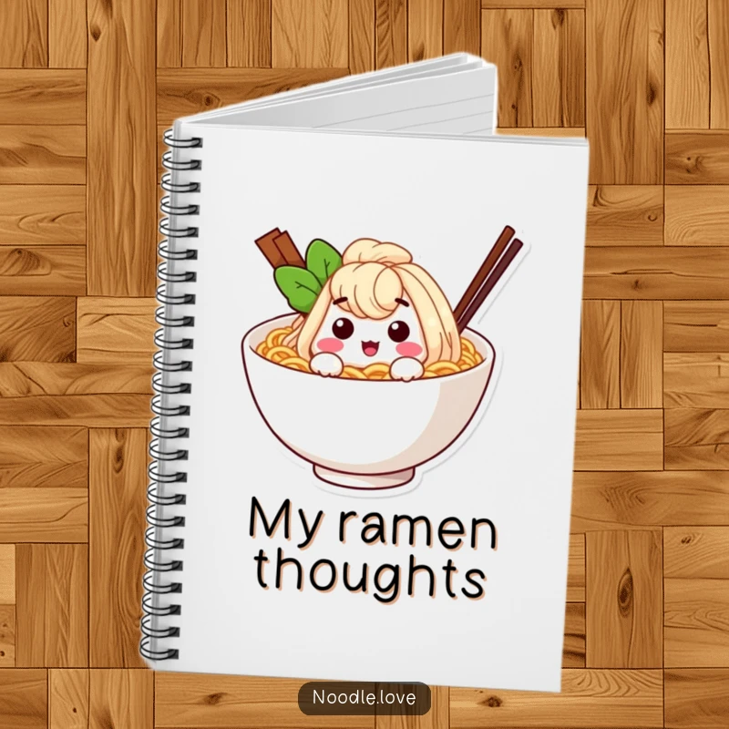 Funny ramen noodle character winking from inside a cozy bowl, a charming and humorous notebook for all your writing needs.